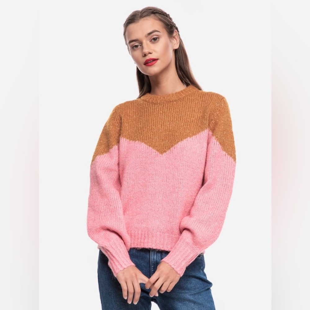 VERA MODA Colorblock Sweater in Pink & Tan